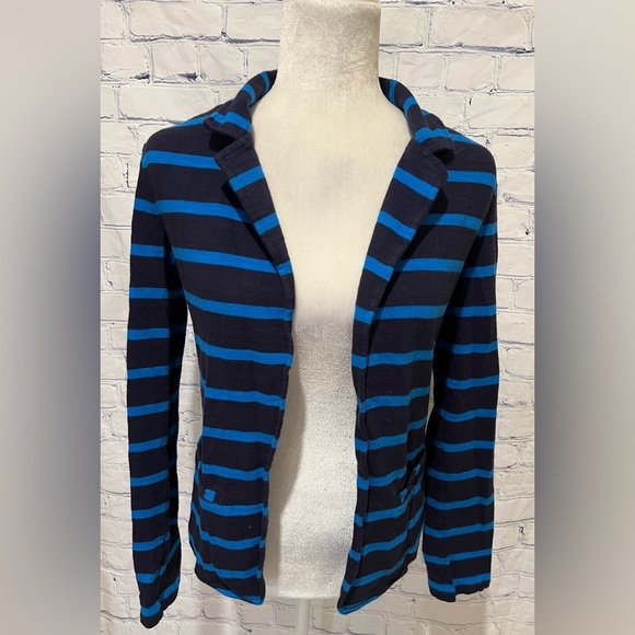 CASLON jacket 100% Cotton Knit Open Fitted Blazer Blue Black Stripes Small - Picture 1 of 7
